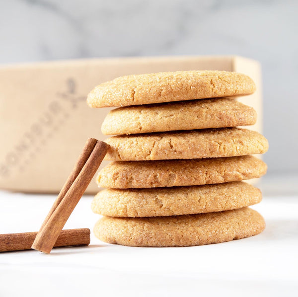 Stack of half a dozen of delicious Snickerdoodle Cookies. Fresh baked daily in our California, San Francisco bakery in small batches, from the best local and organic ingredients.