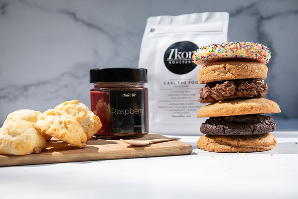 Ultimate Gift Box by Bonjour Bakehouse with Freshly baked cookies, scones and delicious Dulce with Ikon Coffee beans. The perfect gift for employees and customers