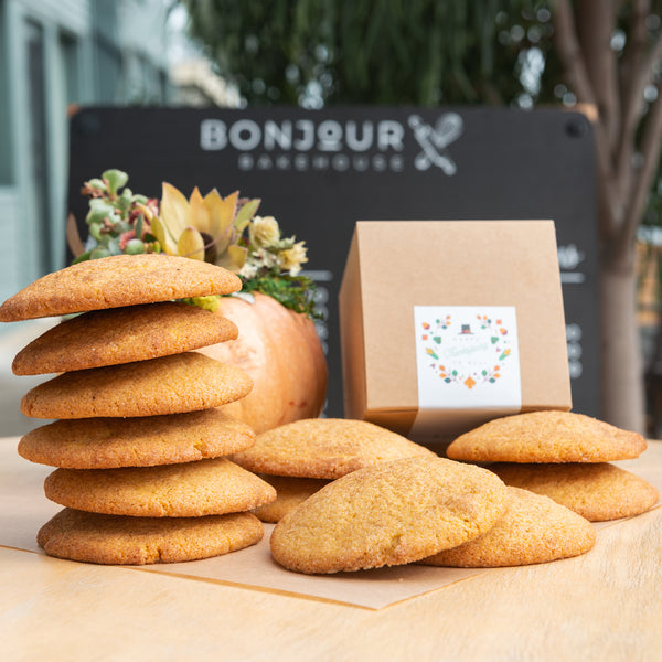 Stack of a 12 of delicious Pumpkin Snickerdoodle Cookies. Fresh baked daily in our California, San Francisco bakery in small batches, from the best local and organic ingredients. Ideal gift for Thanksgiving