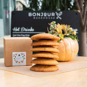 Stack of a 6 of delicious Pumpkin Snickerdoodle Cookies. Fresh baked daily in our California, San Francisco bakery in small batches, from the best local and organic ingredients. Ideal gift got Thanksgiving